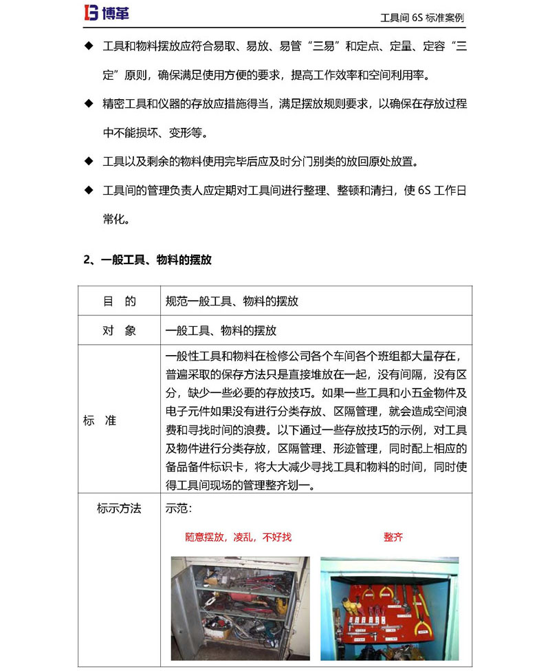 工具間一般工具，物料的擺放