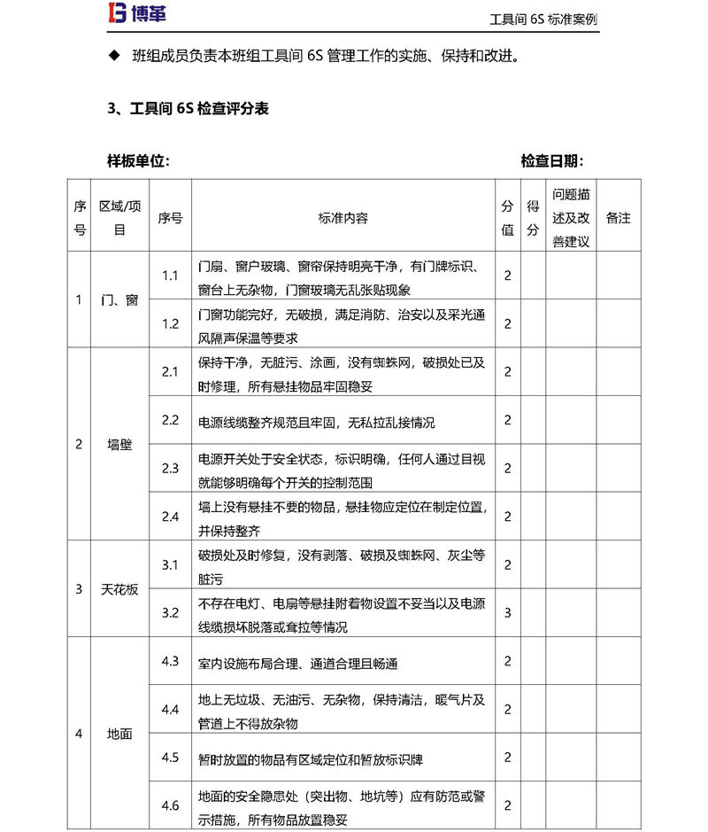 工具間材6S檢查評分標準